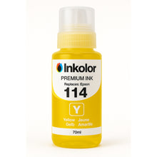 Yellow Epson 114 compatible ink cartridge by Inkolor for high-quality printing, suitable for home and office use.