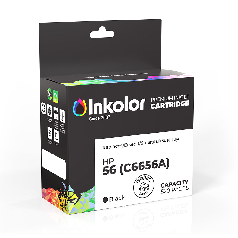 HP 56 (C6656A) Compatible ink cartridge black packaging with 520 pages capacity and excellent print quality
