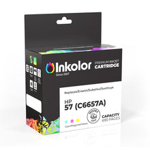 Packaging of HP 57 (C6657A) compatible tricolor ink cartridge by Inkolor, showing product details and capacity.