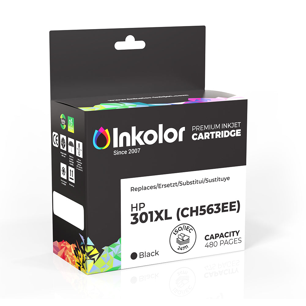Inkolor HP 301XL (CH563EE) black ink cartridge, high-capacity 480 pages, compatible replacement for efficient home and office printing.