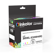 HP 301XL (CH564EE) compatible ink cartridge packaging, tri-color, for high-quality vibrant printing, 480-page capacity.