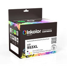 HP 953XL ink cartridge multipack by Inkolor, compatible with Black, Cyan, Magenta, Yellow, offering high page yield for quality prints.