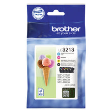 Brother LC-3213V Multipack Ink Cartridges in black, cyan, magenta, yellow, packaging for high-quality prints.