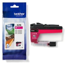 Brother LC-426M Magenta Ink Cartridge, package and cartridge displayed, ideal for high-quality printing up to 1500 pages.