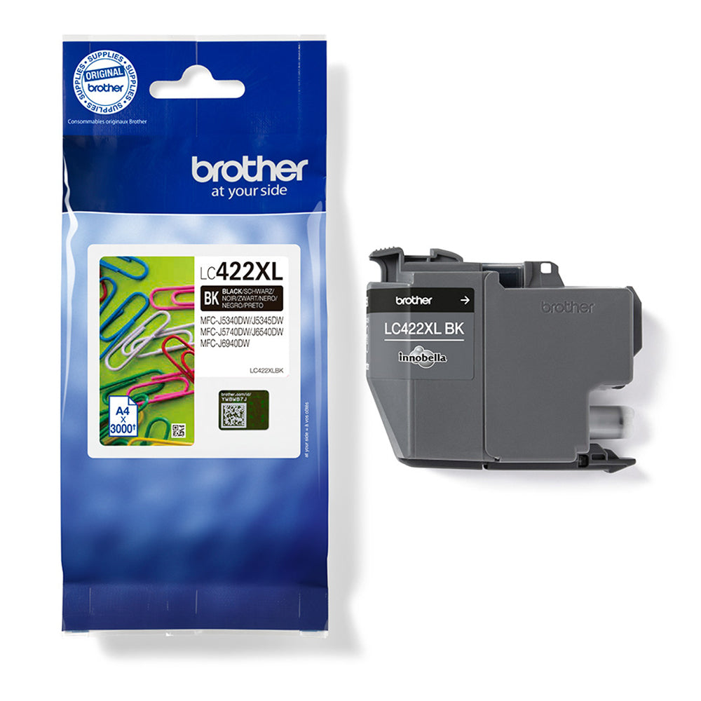 Brother LC-422XLBK black ink cartridge for up to 3000 pages, high print quality, compatible with MFC-J4340DW and other models.