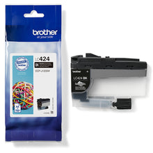 Brother LC-424BK black ink cartridge with packaging, compatible with Brother, prints up to 750 pages.