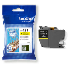 Brother LC-421Y Yellow ink cartridge, 200 page capacity, printer compatibility: DCP-J1050DW, DCP-J1140DW, MFC-J1010DW.