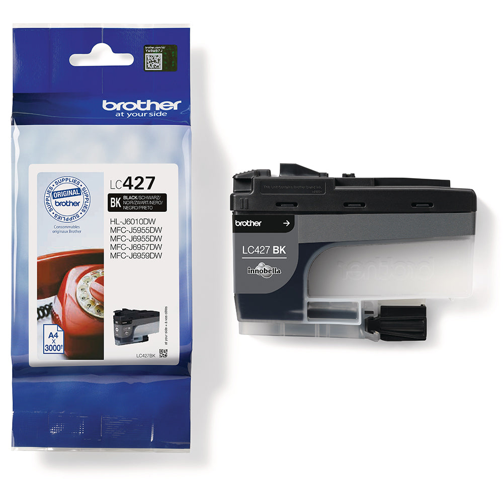 Brother LC-427BK black ink cartridge with packaging offering high-quality, reliable printing for up to 3000 pages.