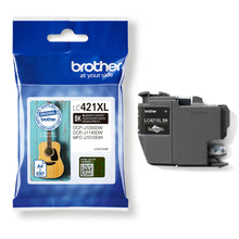 Brother LC-421XLBK black ink cartridge, high yield up to 500 pages, shown with packaging and cartridge