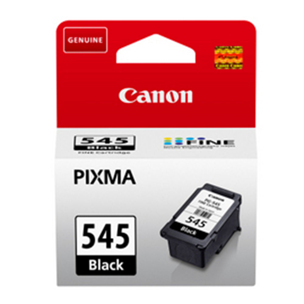 Canon PG-545 black ink cartridge packaging for high-quality, sharp text prints, compatible with Canon printers, efficient with 180-page yield.