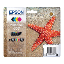 Epson 603 multipack ink cartridges packaging with starfish design, contains black, cyan, magenta, yellow for high-quality prints.