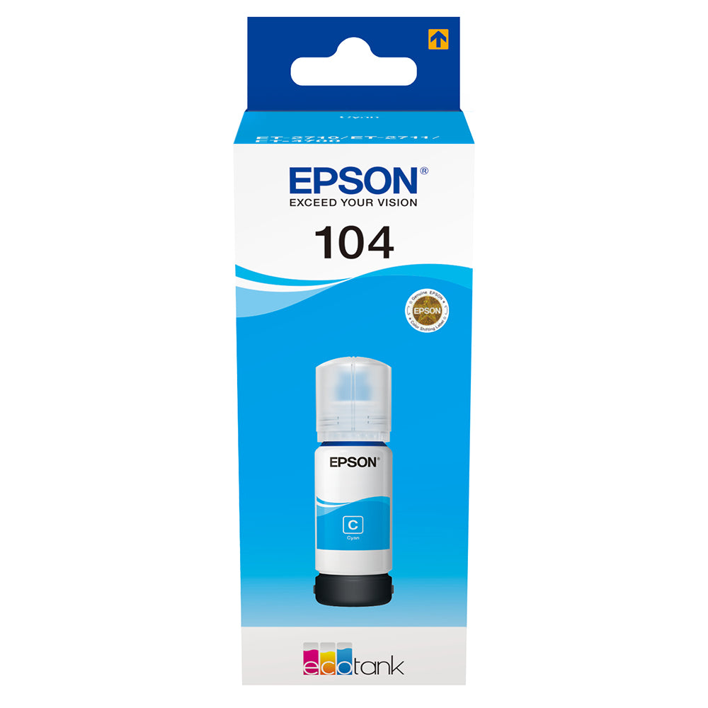 Epson EcoTank 104 Cyan ink cartridge for outstanding print quality and high capacity, ideal for EcoTank printers.