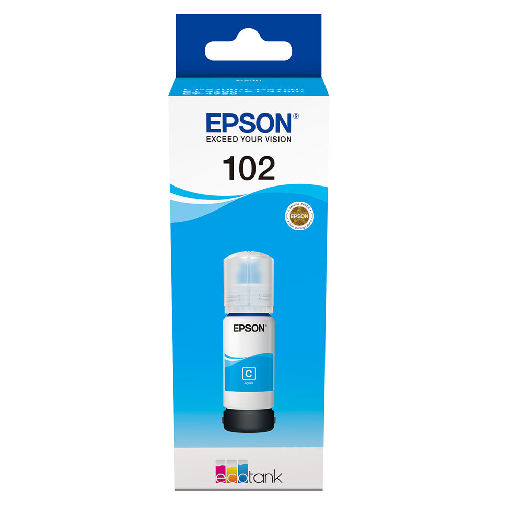 Epson EcoTank 102 Cyan Ink Cartridge T03R240 packaging front view for EcoTank printers.