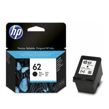 HP 62 (C2P04AE) black ink cartridge packaging and cartridge, designed for high-quality printing with HP printers.