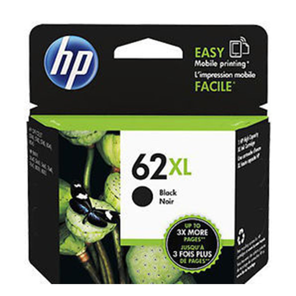HP 62XL C2P05AE black ink cartridge packaging, ideal for high-capacity printing with HP printers, displaying "Easy Mobile Printing" feature.
