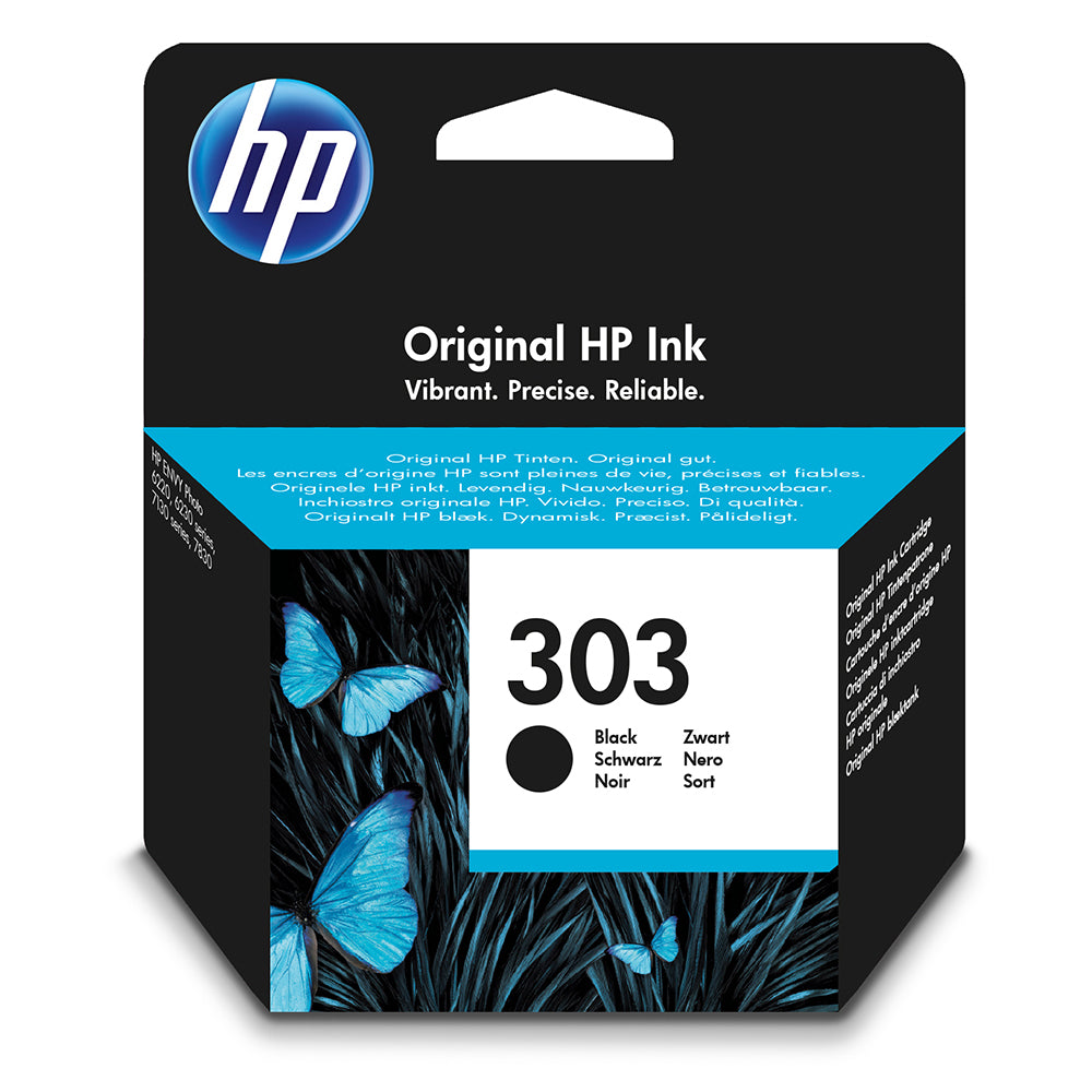 HP 303 ink cartridge black packaging, high-quality printing results, suitable for HP printers. Original quality for office use.