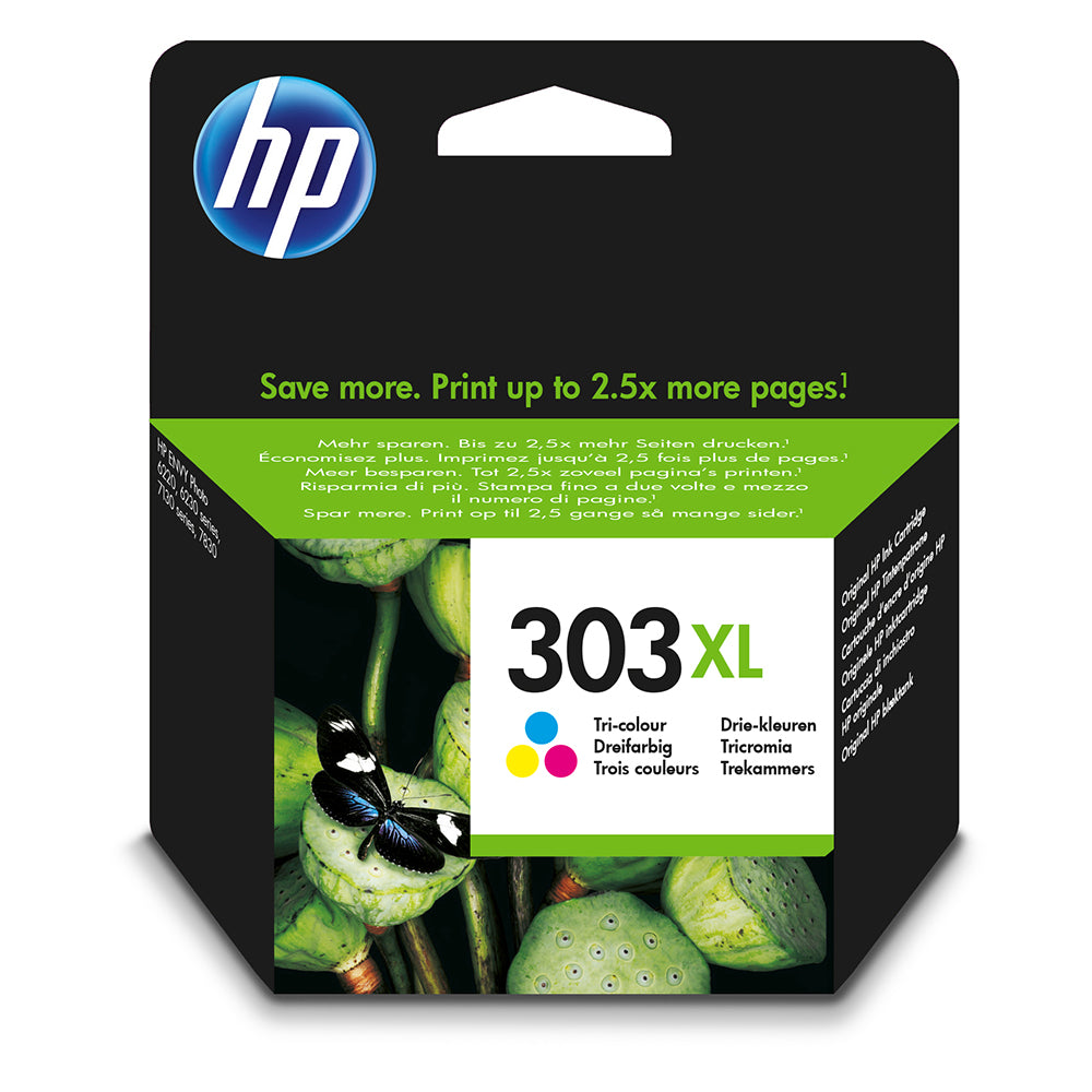 HP 303XL Tricolor Ink Cartridge Packaging with Vibrant Color Graphics