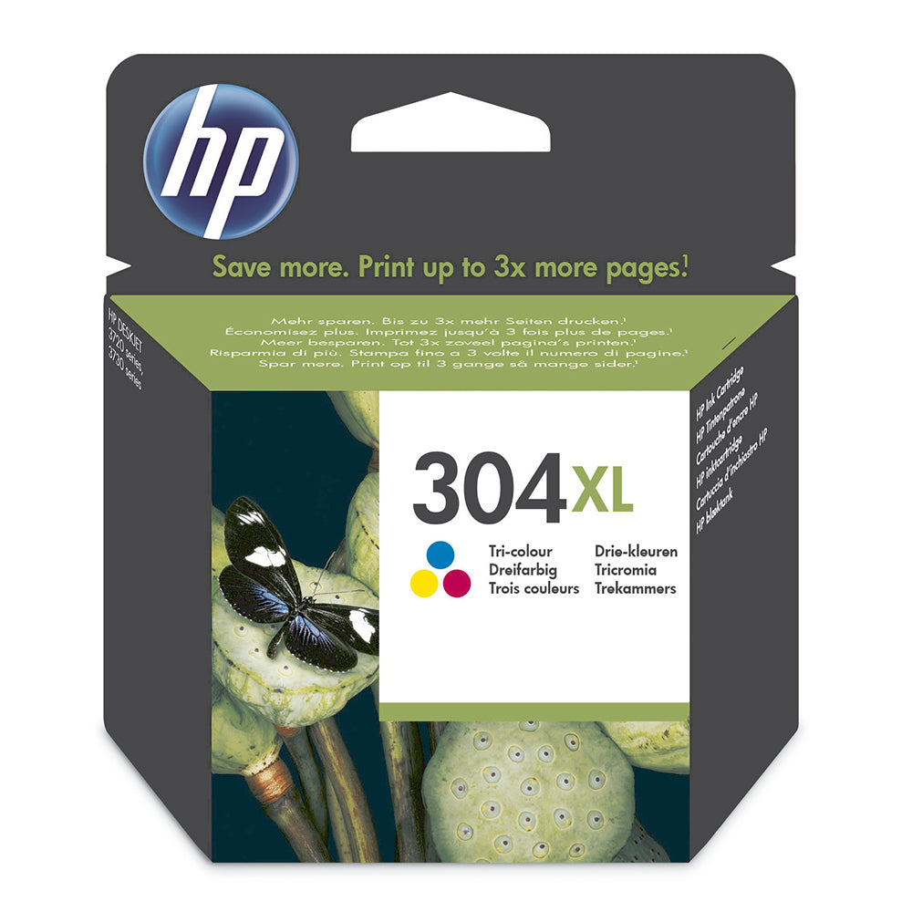 HP 304XL Tricolor Ink Cartridge packaging with butterfly design, offers high-capacity printing for vivid colors and sharp details.