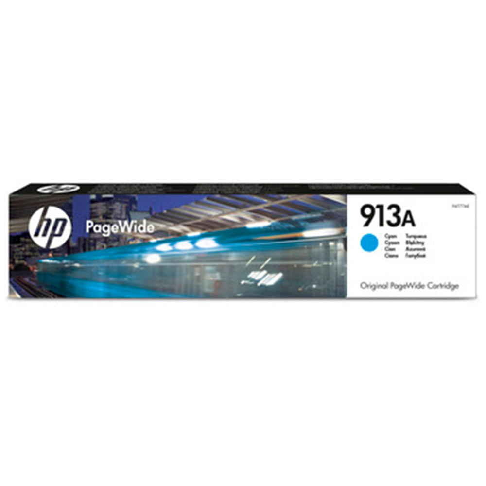 HP 913A Cyan Ink Cartridge (F6T77AE) for high-quality and reliable printing up to 3,000 pages, suitable for professional office use.