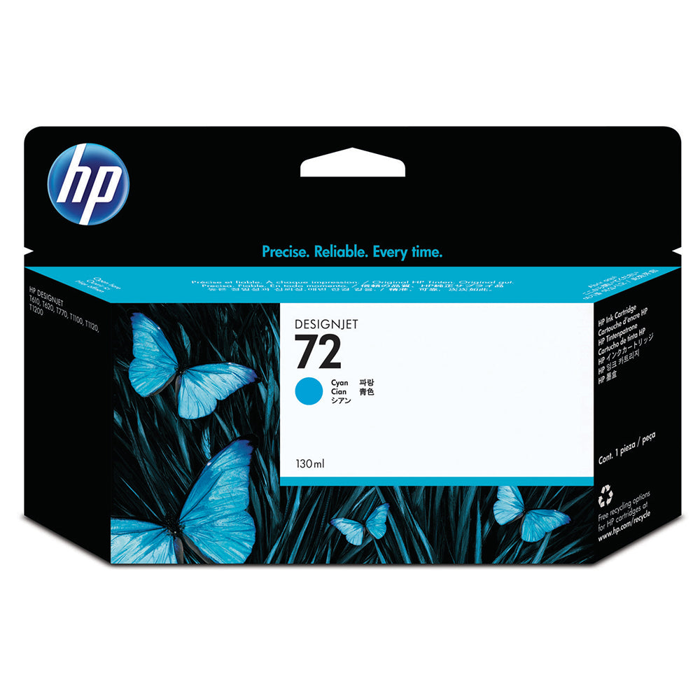 HP 72 Cyan Ink Cartridge (C9371A) packaging with blue butterfly design, ideal for professional quality prints.