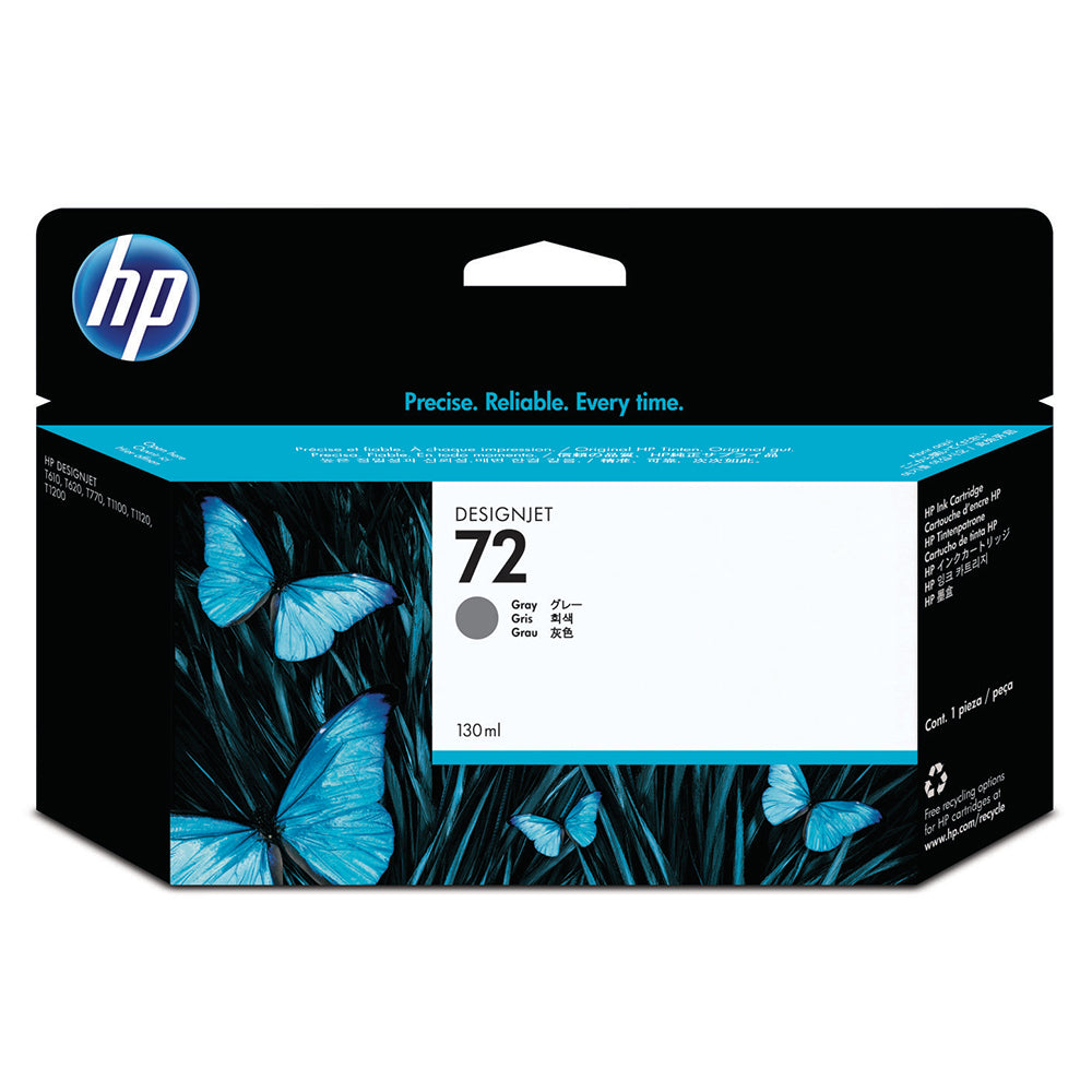 HP 72 C9374A Grey Ink Cartridge Packaging with butterfly design, offering high-quality printing and reliability.