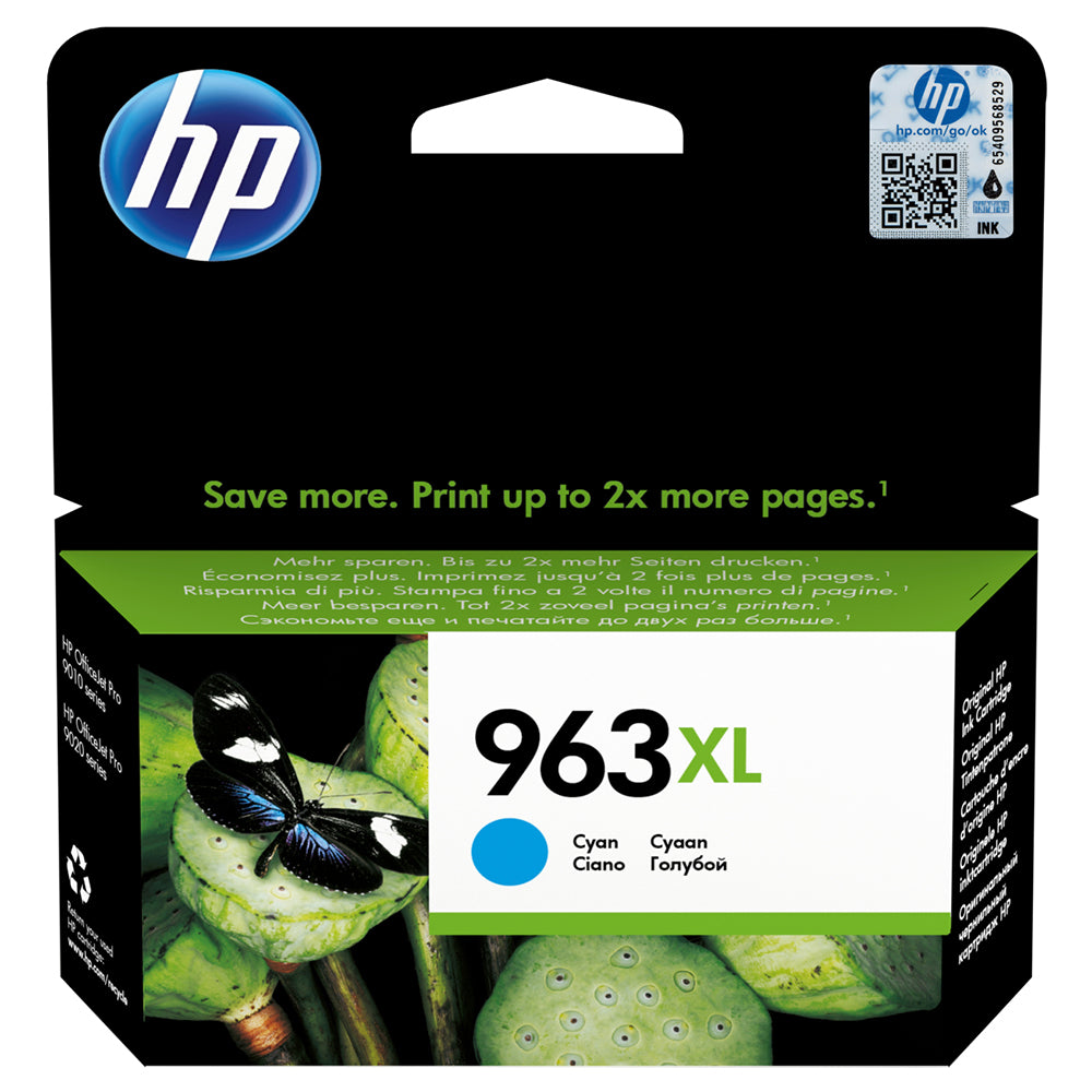 HP 963XL Cyan Ink Cartridge packaging with butterfly and lotus background for high-quality, reliable printing.