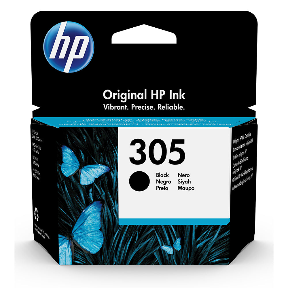 HP 305 Black Ink Cartridge (3YM61AE) Packaging - High-quality prints for home or office, up to 120 pages, reliable performance.