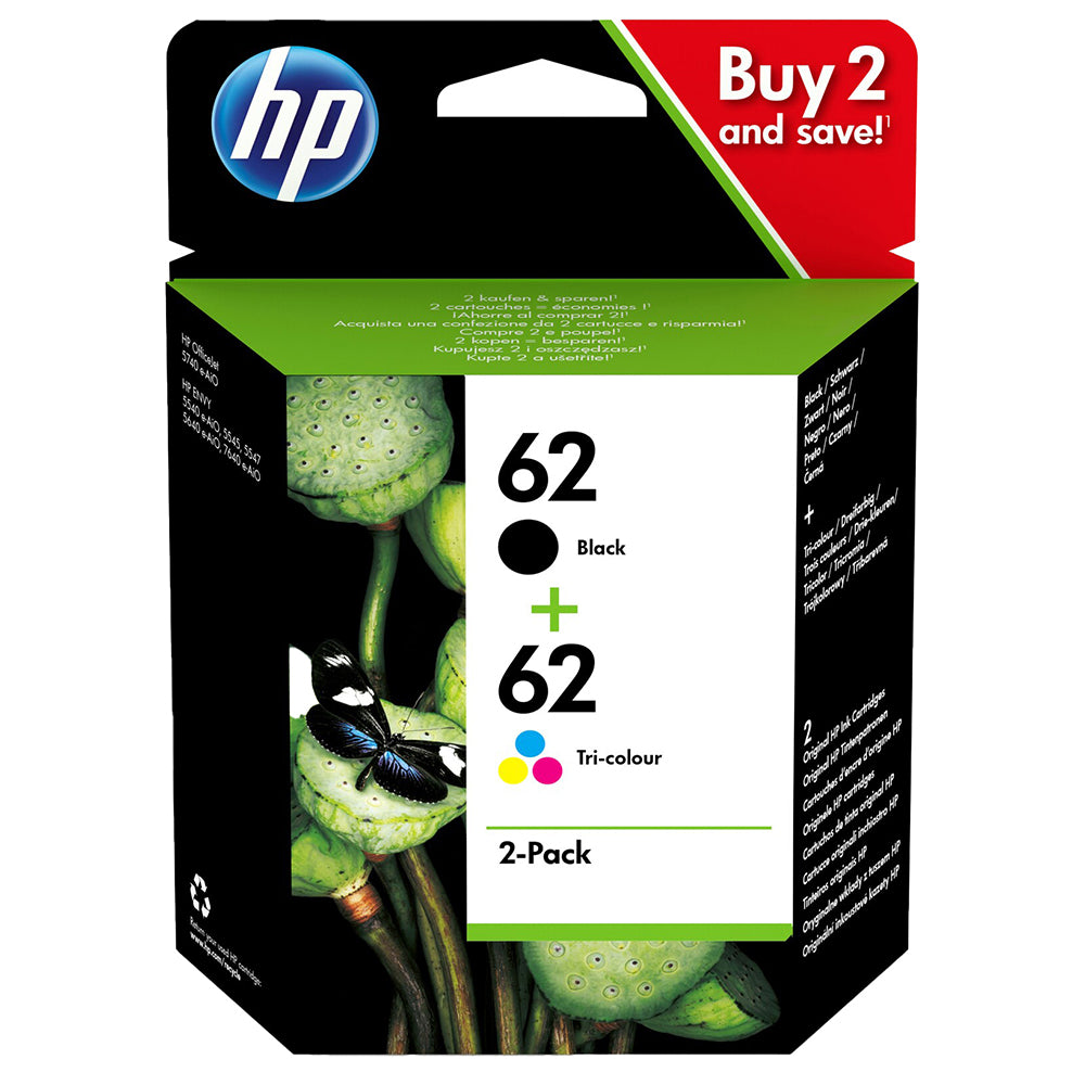 Packaging of HP 62 Multipack Ink Cartridges Black/Color, showing buy 2 and save offer, suitable for HP printers.