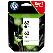 Packaging of HP 62 Multipack Ink Cartridges Black/Color, showing buy 2 and save offer, suitable for HP printers.