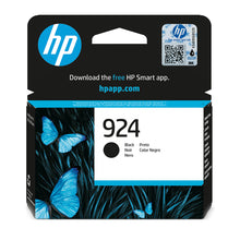 HP 924 Black Ink Cartridge (4K0U6NE) packaging with blue butterflies, featuring high-quality, reliable printing for up to 200 pages.