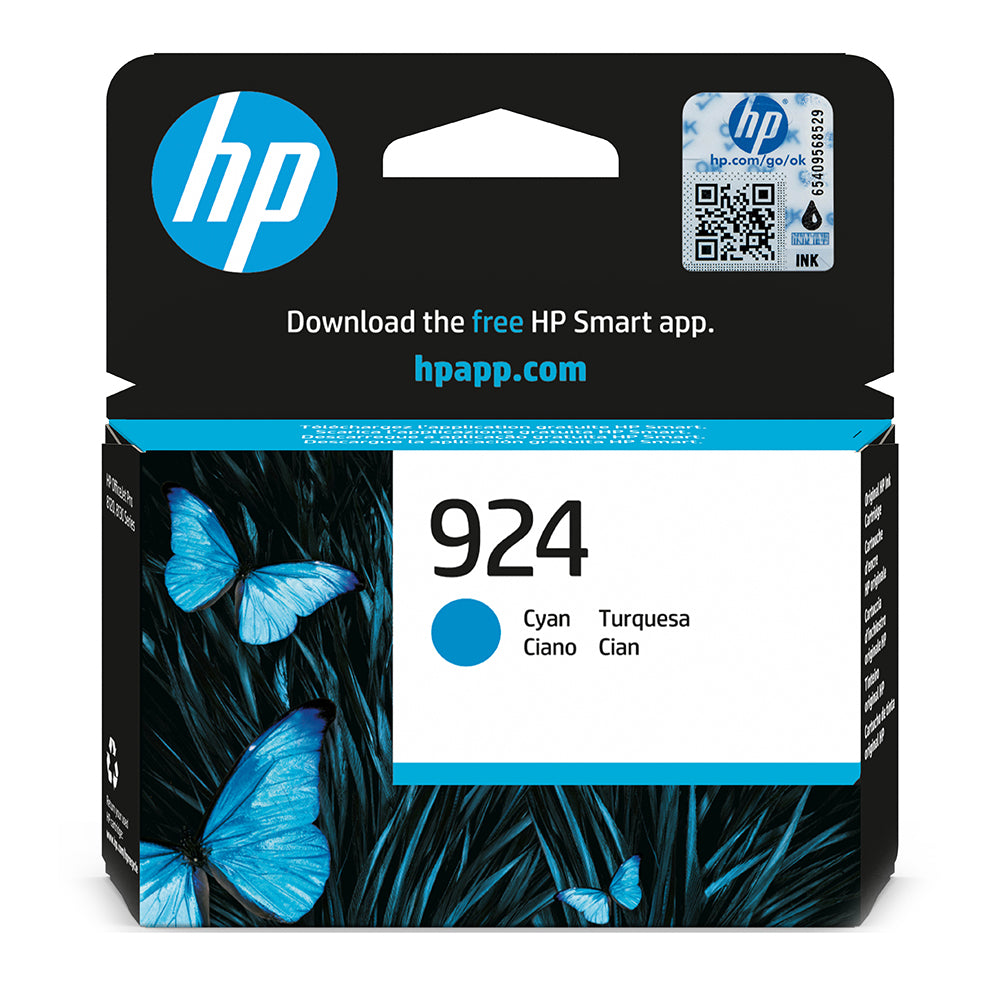 HP 924 Cyan ink cartridge packaging with blue butterflies