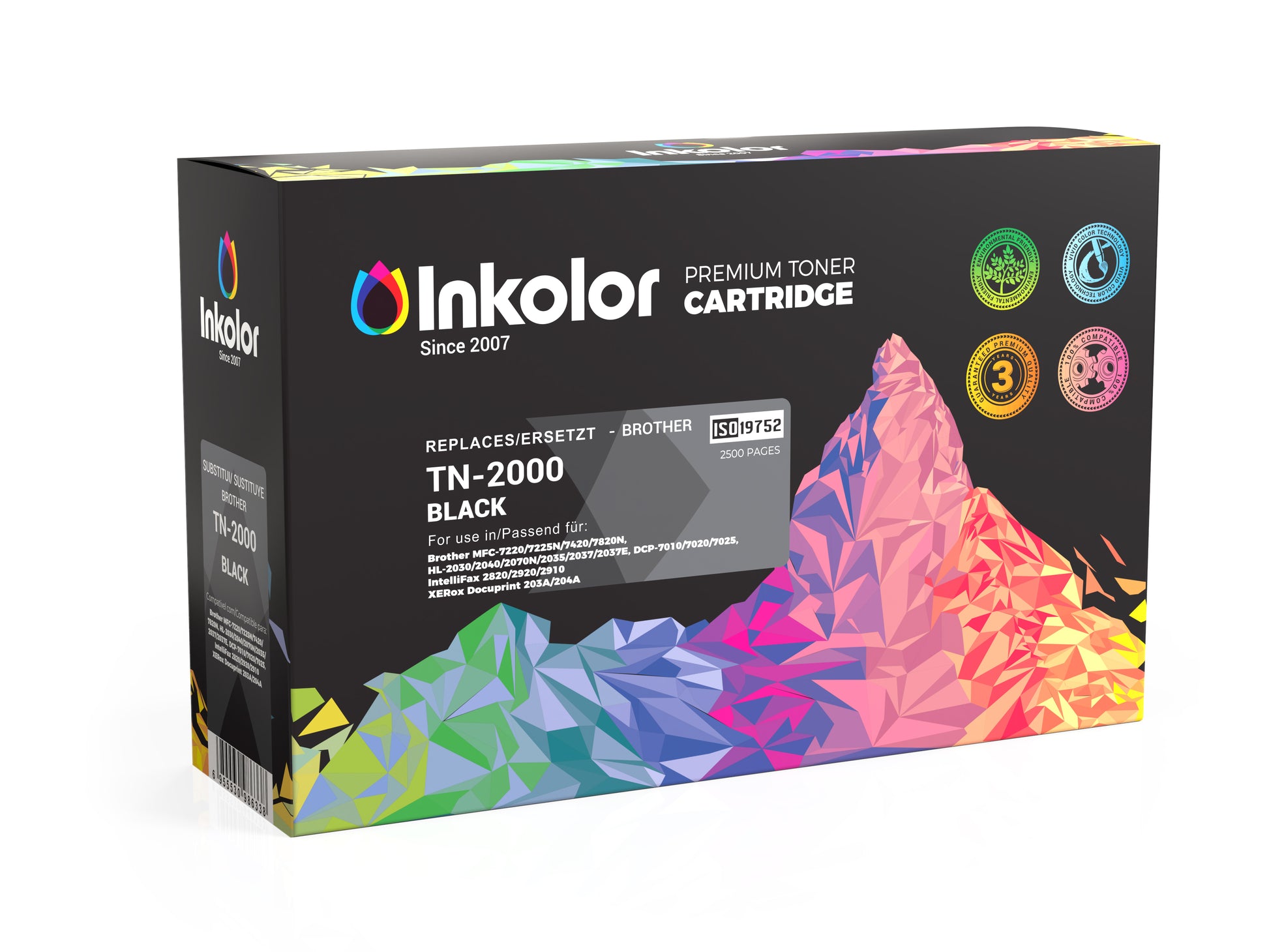 Brother TN-2000 compatible black toner from Inkolor, premium toner cartridge for high-quality printouts, 2,500 pages.