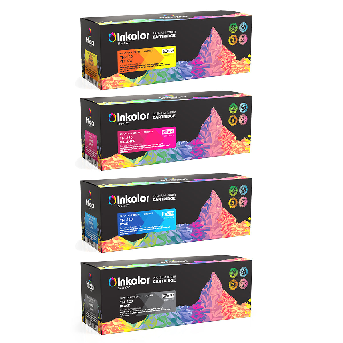 Brother TN-320 Multipack compatible toner set with vibrant packaging for high-quality printing.