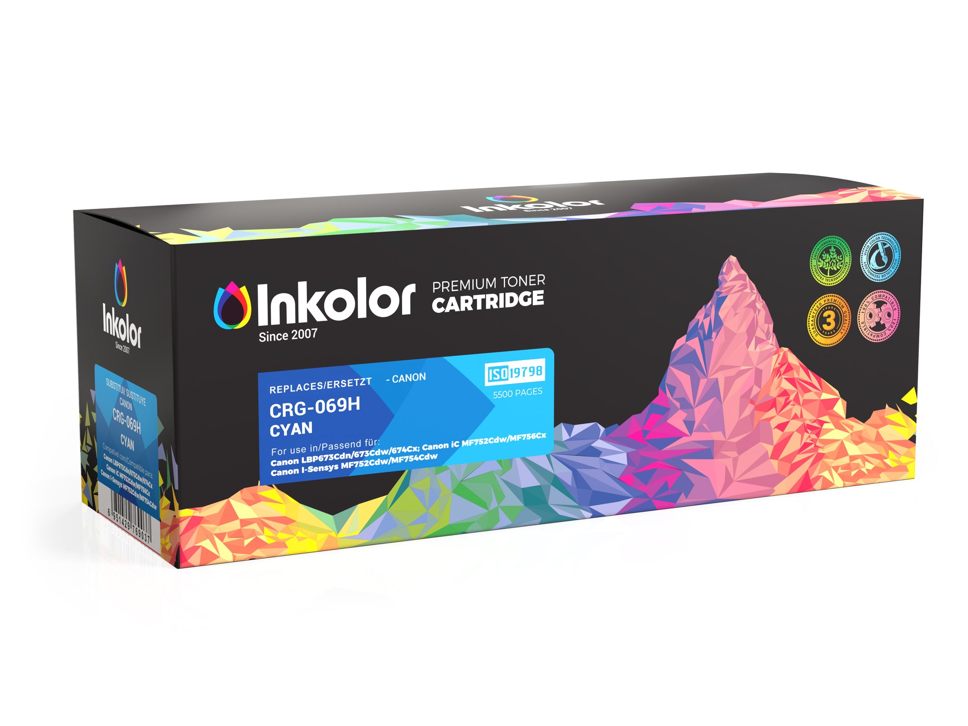 Packaging of Inkolor CRG-069H Cyan compatible premium toner cartridge for Canon printers.