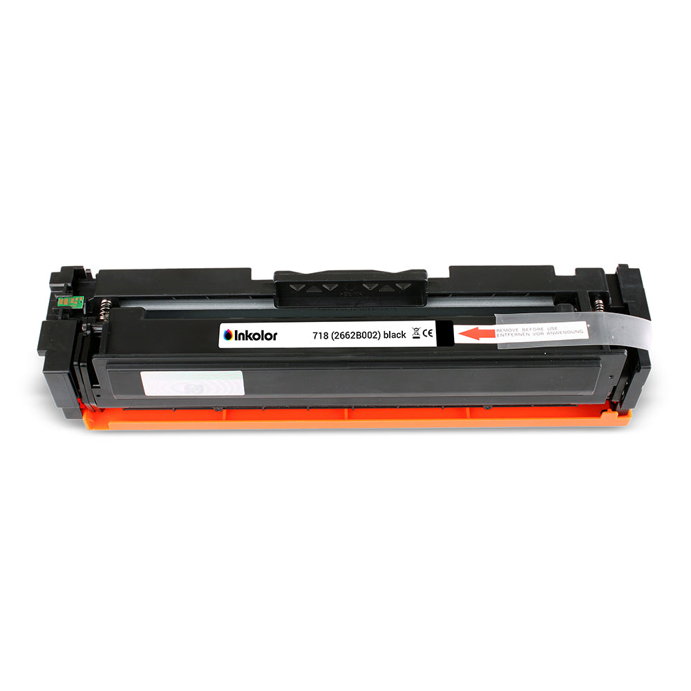 Canon 718 (2662B002) compatible black toner cartridge for office printers, featuring 3,400-page yield and high print quality.