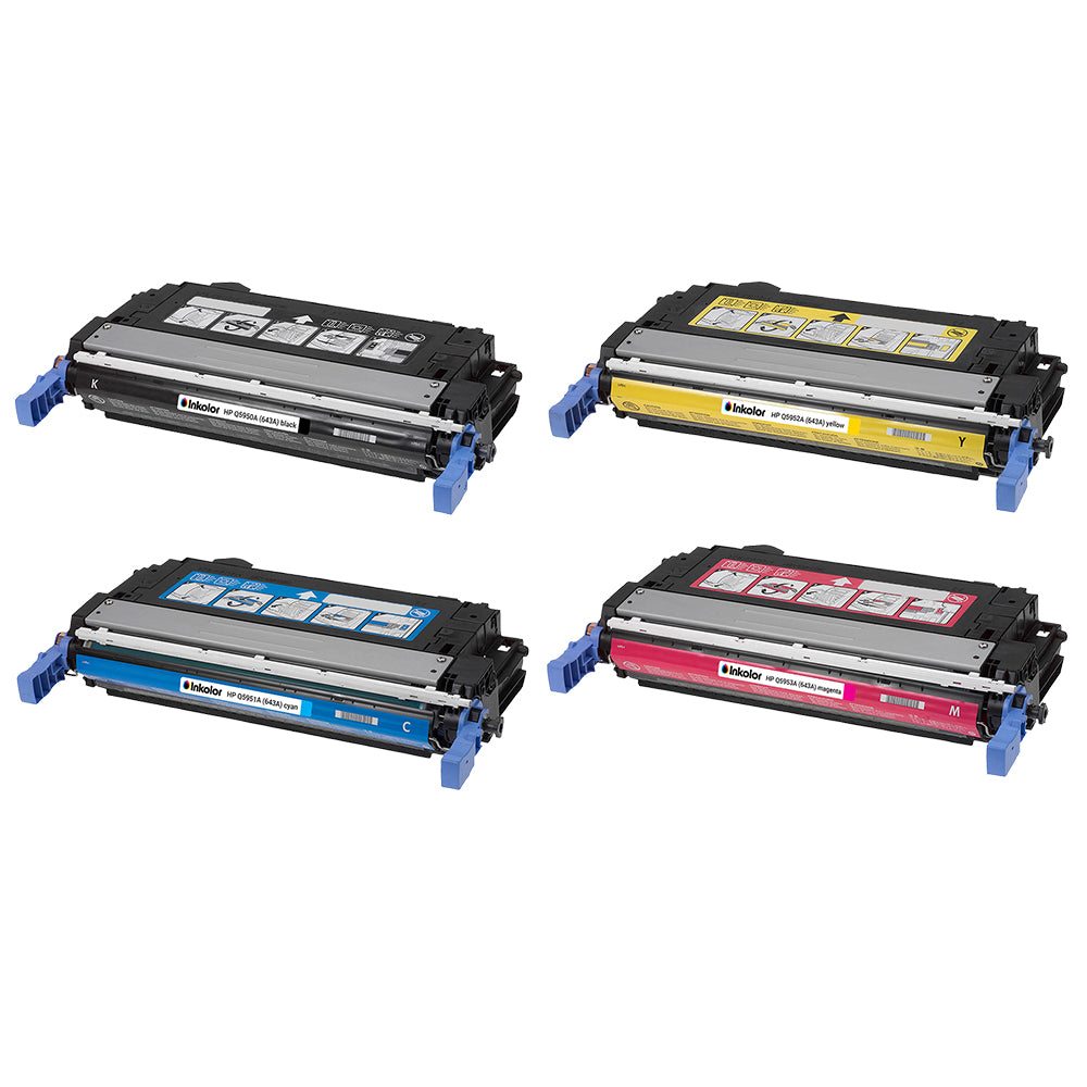 HP 643A Multipack compatible toner set (Q5950A, Q5951A, Q5952A, Q5953A) for high-quality professional printing.