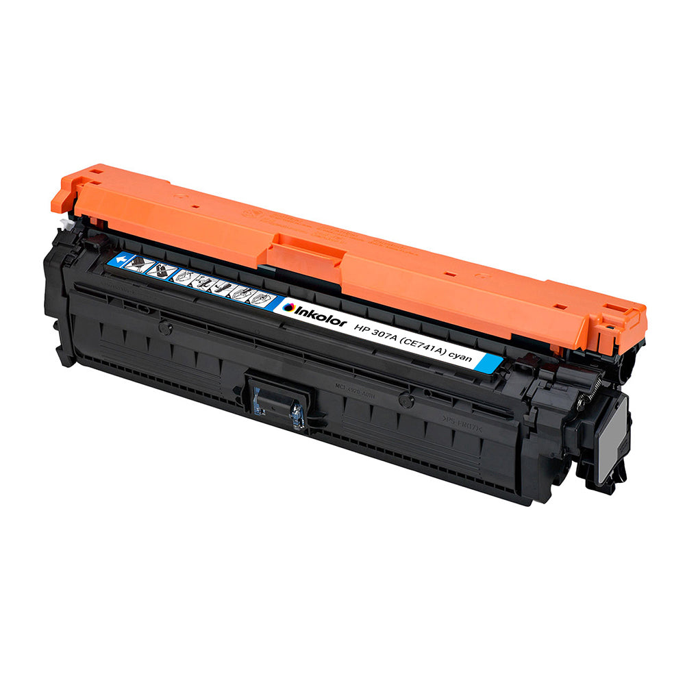 Compatible HP 307A (CE741A) Cyan toner, high print quality, 7300 page capacity, cost-effective alternative, ideal office product.