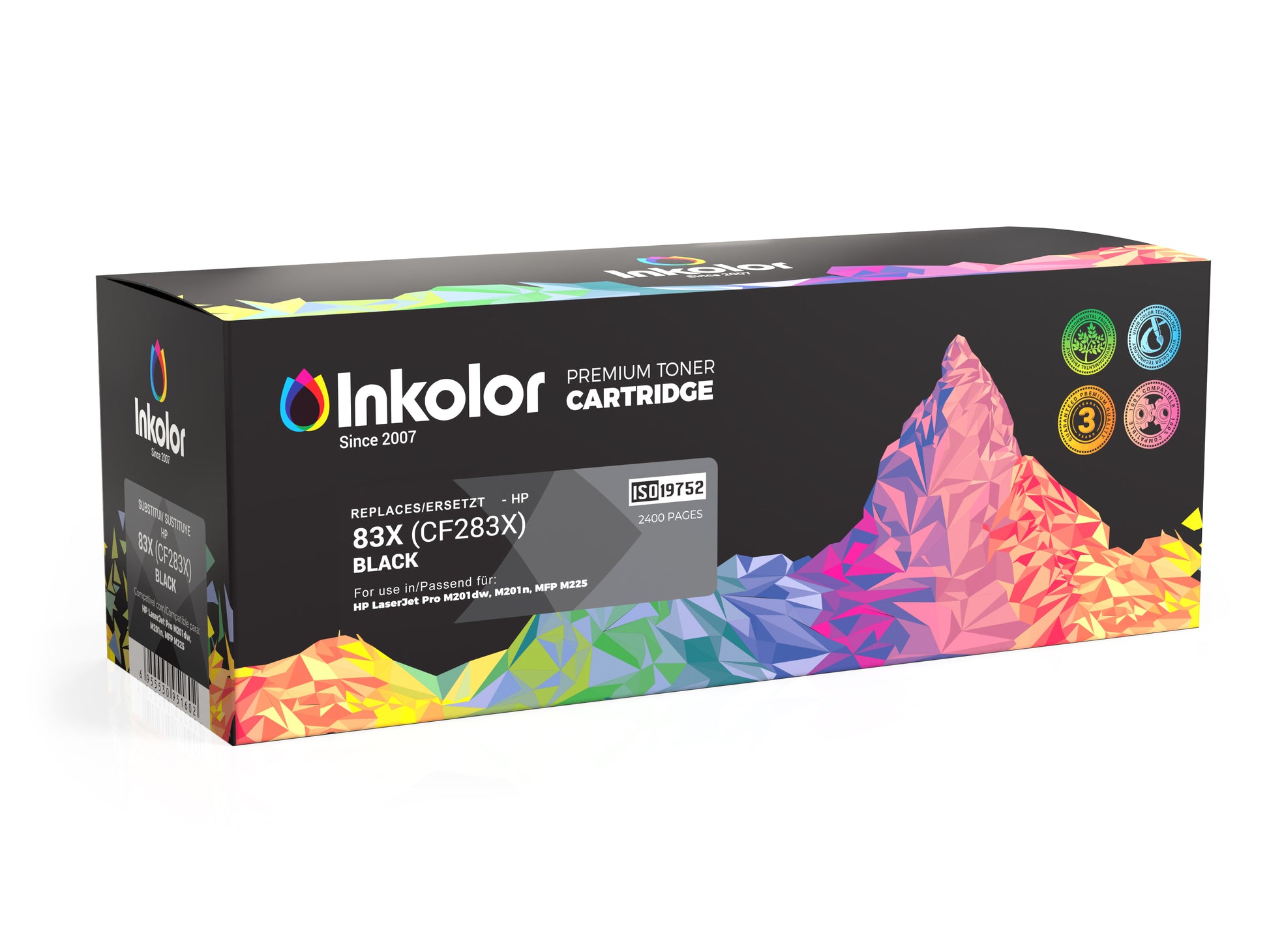 HP 83X (CF283X) compatible black toner box by Inkolor, showcasing premium quality for high-capacity printing, ideal for office use.
