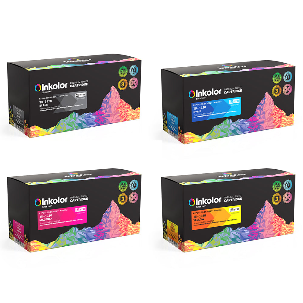 Kyocera TK-5220 Multipack compatible toner cartridges, including black, cyan, magenta, and yellow boxes.