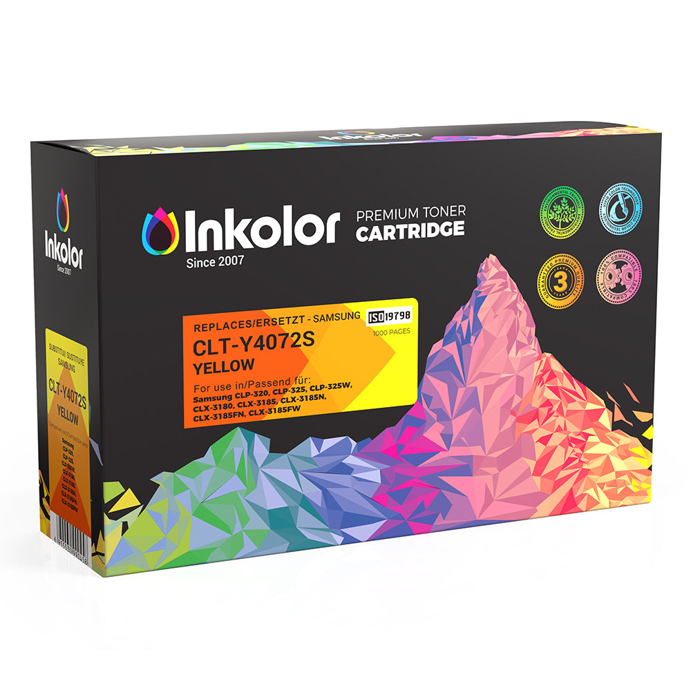 Compatible Samsung CLT-Y4072S yellow toner cartridge with packaging showcasing vibrant colors and a modern design.