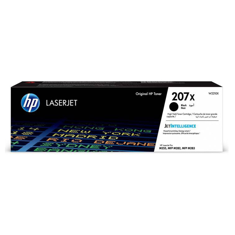 HP 207X (W2210X) compatible black toner packaging for high-quality printing. Suitable for professional documents up to 3,150 pages.