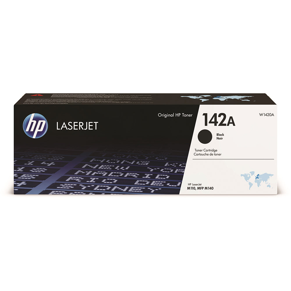 HP 142A (W1420A) Black Toner Cartridge for crisp printing results, ideal for small to medium print volumes. Original packaging shown.