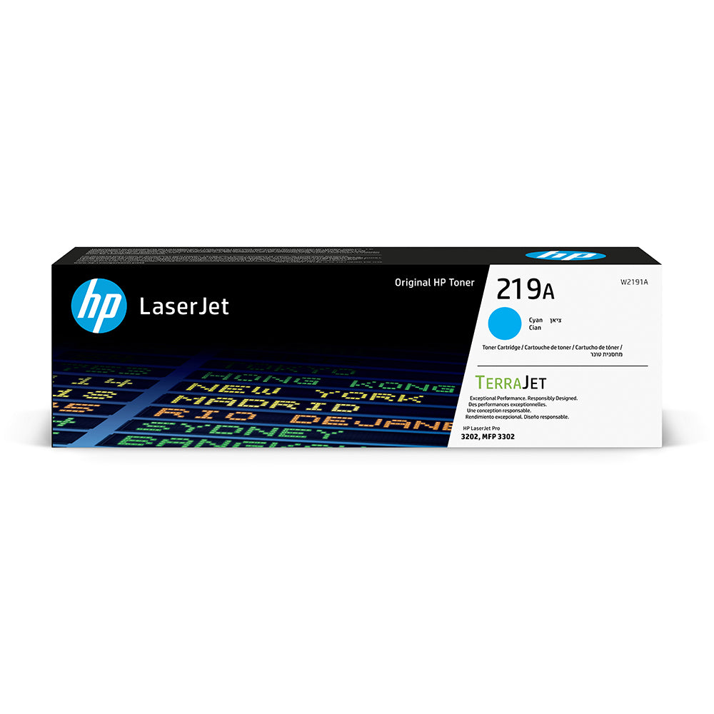 HP 219A Cyan Toner W2191A for LaserJet printers, high-quality printing, 2100-page yield, professional and vibrant colors.