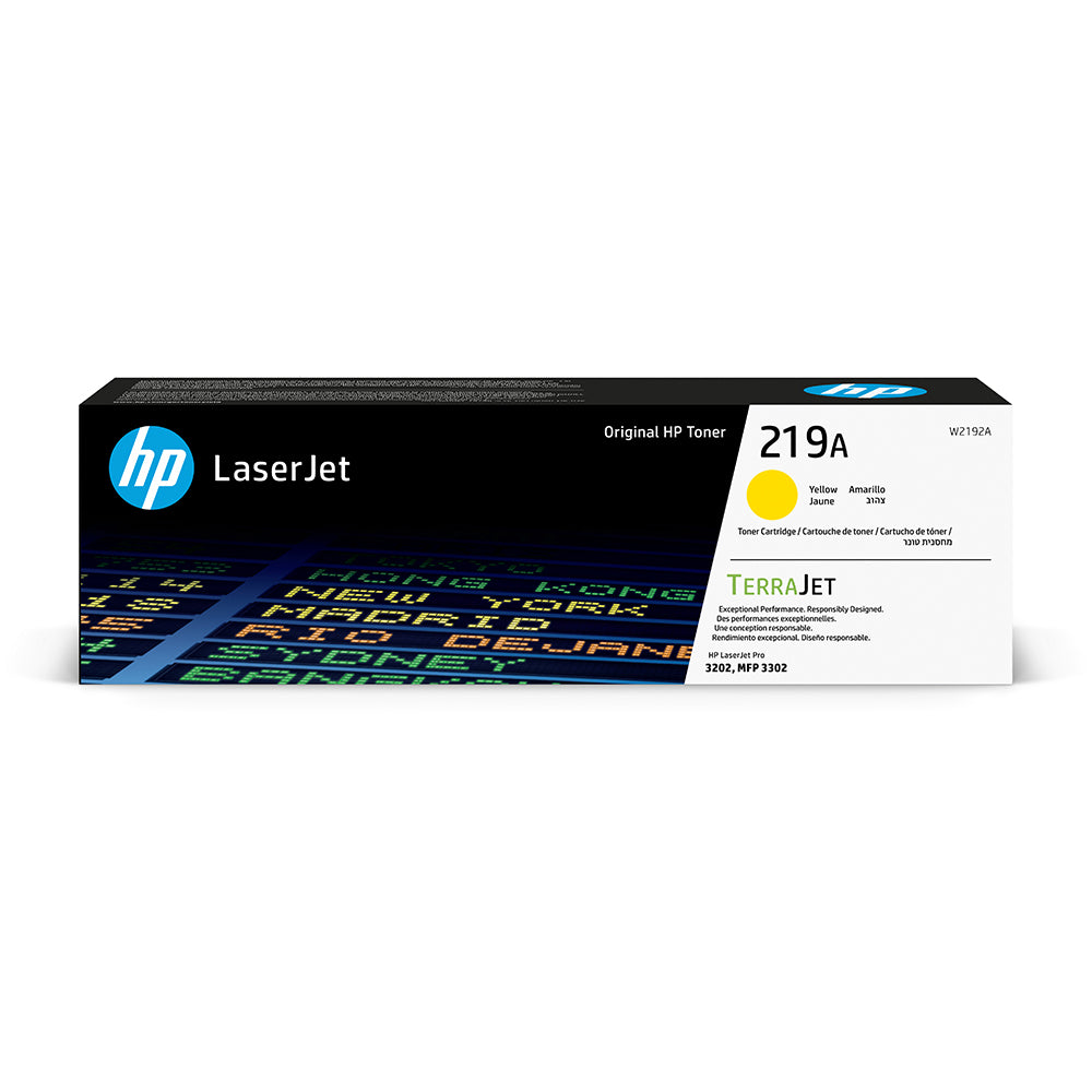 HP 219A W2192A Yellow Toner Cartridge for high-quality professional color printing, ideal for office use, up to 2,500 pages.