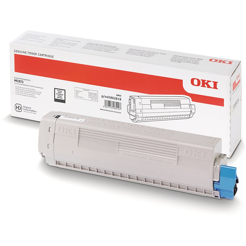Oki 45862818 black toner cartridge for high-quality professional printing and high-volume office use.