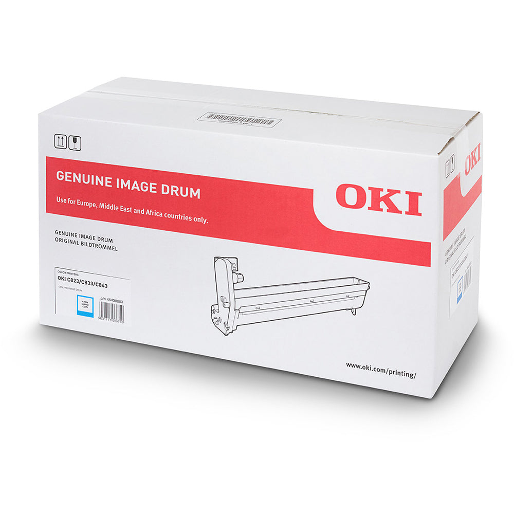 Box of Oki 46438003 Cyan Drum for printers, genuine image drum, designed for Europe, Middle East, Africa. Model: 46438003