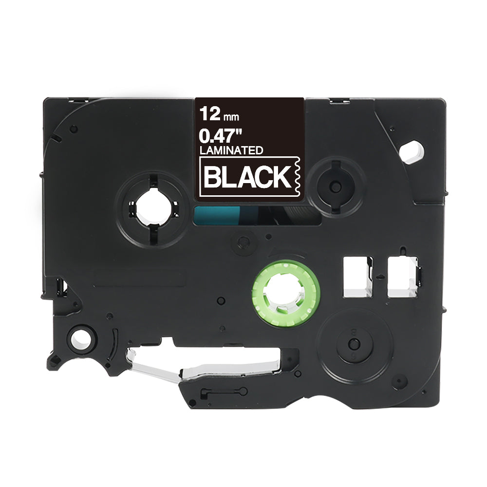 Brother TZe-335-compatible labeling tape, 12mm x 8m, durable, laminated, for P-Touch, black lettering on white background.
