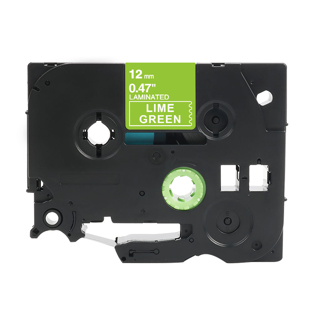 Brother TZe-MQG35 compatible label tape for P-Touch, 12mm wide, lime green, durable and easy to install.
