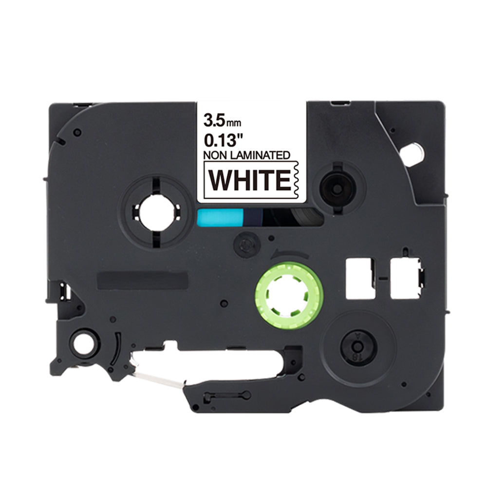 Brother TZe-N201 compatible P-Touch label tape, 3.5mm width, non-laminated, shown in black casing with white label printing.