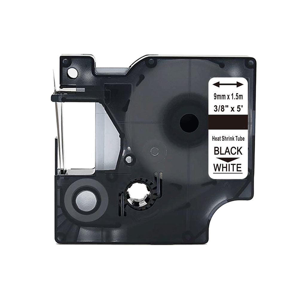 Dymo 18053 compatible shrink sleeve 9mm x 1.5m in black and white for professional labeling and marking.